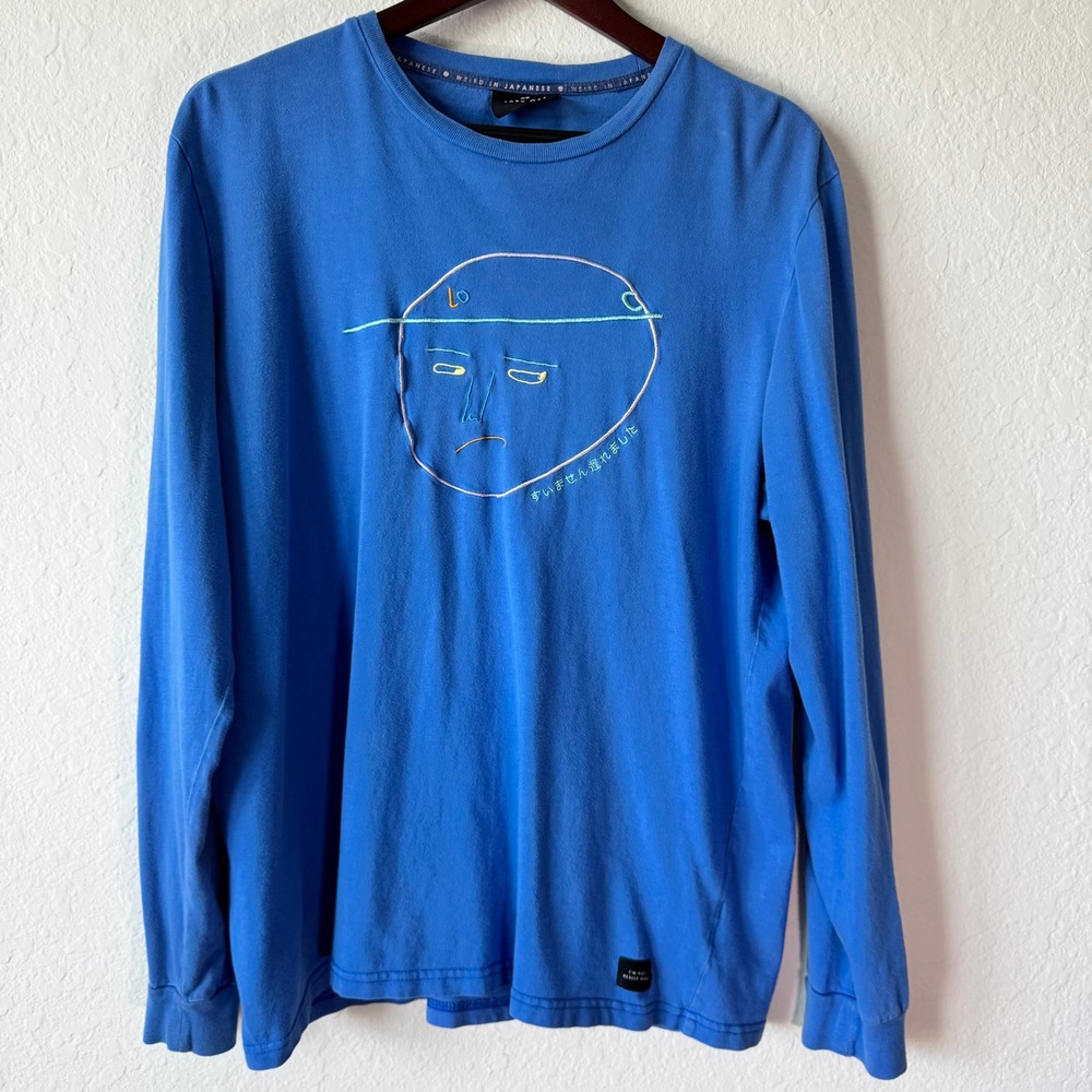 Lazy Oaf Blue Long Sleeve Weird In Japanese Embroidered Face Cotton Size L
